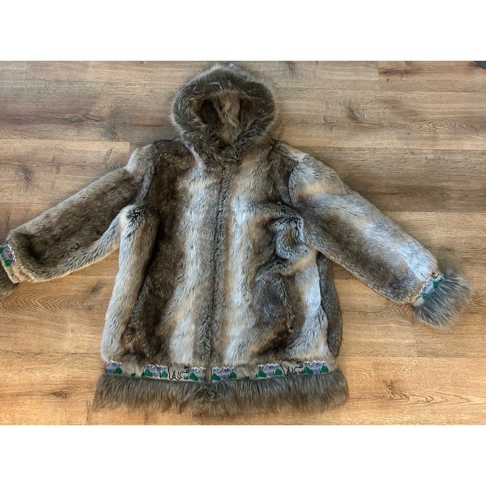 Ameri Mode Faux Fur Hooded Parka Jacket Brown Grey Polar Bear Embroidered Large